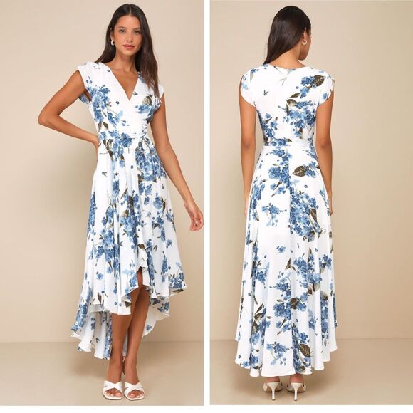 Lulus French Countryside White Floral Print High-Low Dress Size Small Modest - Picture 1 of 8